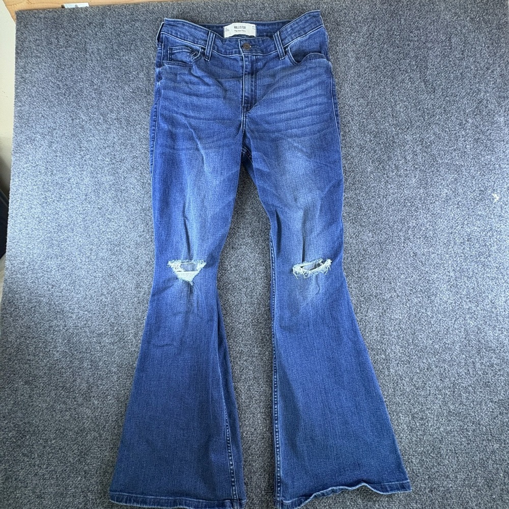 Hollister Flare Jeans Womens 29x31.5 Blue Denim Cotton Ripped‎ High Rise Casual